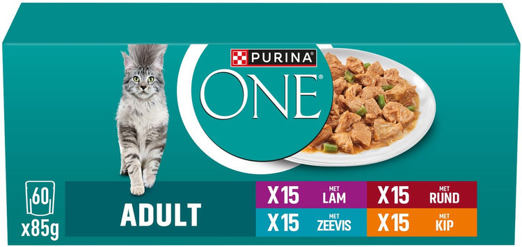 Purina one purina® one® adult - nourriture humide pour chats - agneau, bœuf, thon poisson de mer - 60 x 85 g