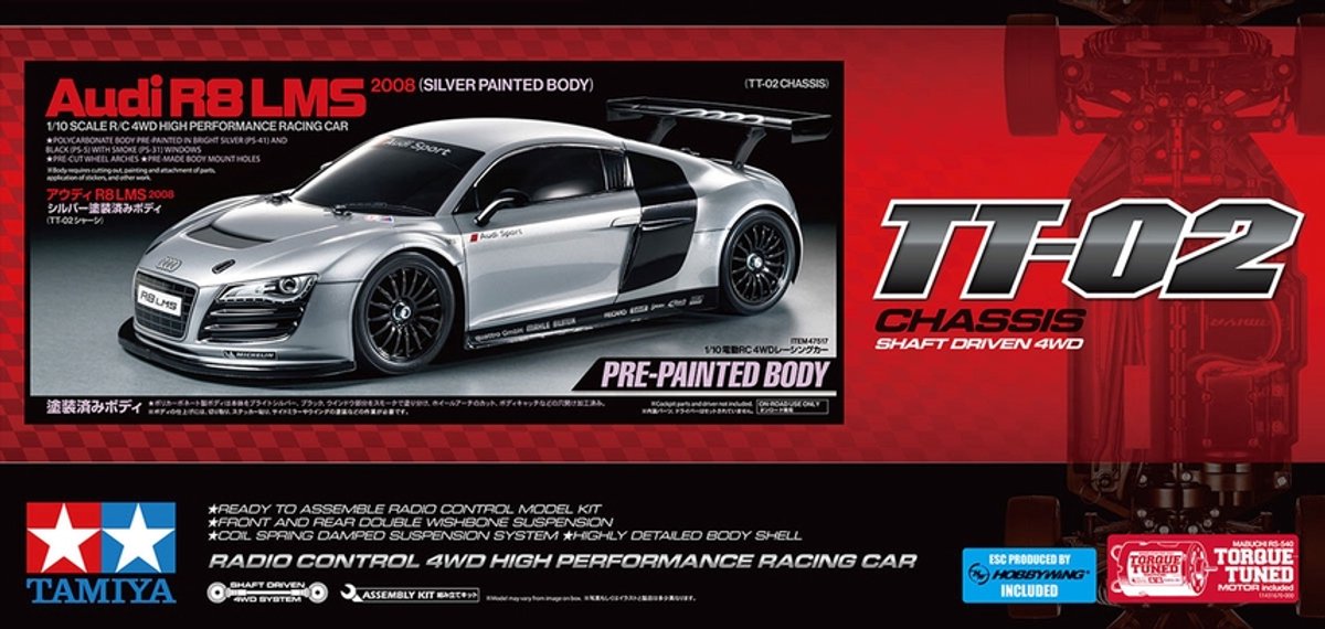 Tamiya modèle kit voiture - 47517 voiture rc - audi r8 lms 2008 - tt02 - carrosserie peinte en argent rc plastique - 1:10 - modélisme