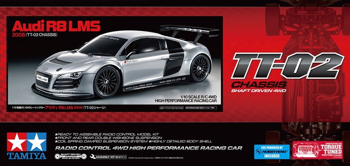 Tamiya modèle kit voiture - 58749 voiture rc - audi r8 lms 2008 - tt-02 rc plastique - 1:10 - modélisme
