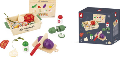 Janod en cuisine - set ratatouille - c'est le moment d'enfiler votre tablier avec ce set de 32 accessoires ! - suivez la recette et réalisez une ratatouille digne d'un chef - fourni avec planche à découper et plat à pâtisserie en bois - dès 3 ans