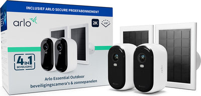 Caméra de sécurité extérieure sans fil Arlo essential 2k et panneaux solaires - 2 caméras 2 panneaux solaires