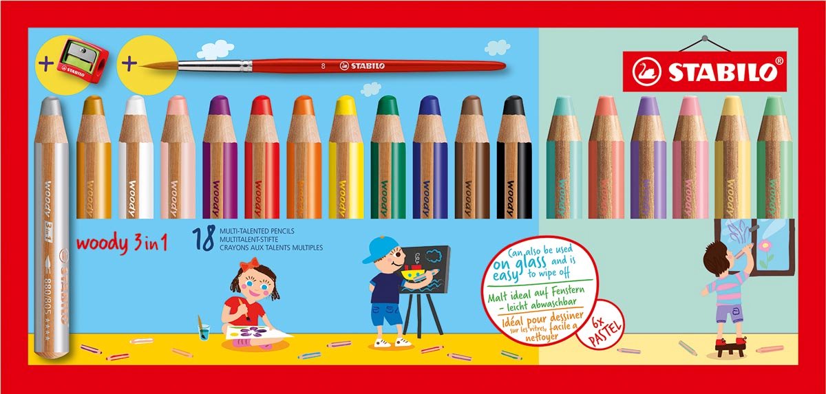 Stabilo woody 3 en 1 - crayon multi-talents - étui de 18 couleurs + taille-crayon