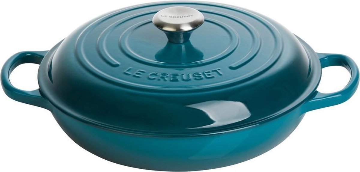 Le Creuset cocotte signature campagnard bleu sarcelle – ø 30 cm 3,5 litres – poêle en fonte avec couvercle – émail bleu foncé – forme large pour les préparations plus volumineuses – convient pour induction, four, BBQ et plus