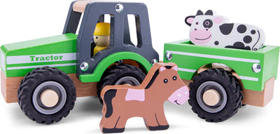 Tracteur en bois Woet ® avec remorque - comprenant 2 animaux de la ferme - vert - véhicule jouet éducatif - jouets de jeu de rôle - à partir de 18 mois