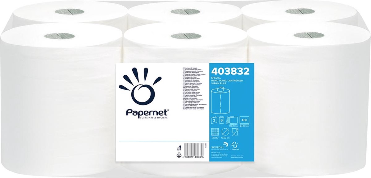 Essuie-tout Papernet à alimentation centrale maxi | 2 couches | 108m | 450 feuilles | paquet de 6 rouleaux