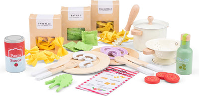 Woet ® ensemble de pâtes jouets en bois - ensemble de jouets 'faites vos propres pâtes' - fsc - comprenant raviolis, tagliatelles, sauce farfalle - nourriture jouet - ensemble de cuisine de jeu de rôle - à partir de 3 ans