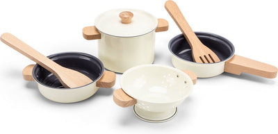 Woet ® ensemble de casseroles en métal blanc - ensemble de 7 pièces avec passoire et ustensiles de cuisine en bois - ensemble de cuisine jouet - accessoires de cuisine jouets pour enfants - jouets de cuisine de jeu de rôle - à partir de 2 ans