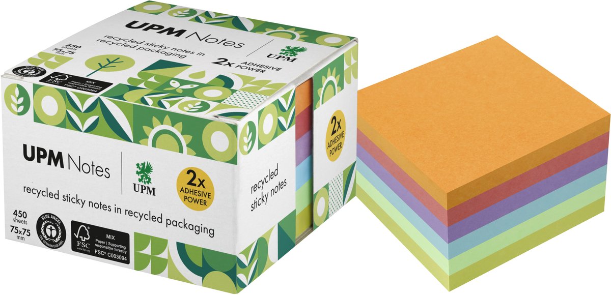 Notes d'information upm sticky notes - format 75 x 75 mm - couleurs assorties - 1 bloc mémo - in-5654-97ur