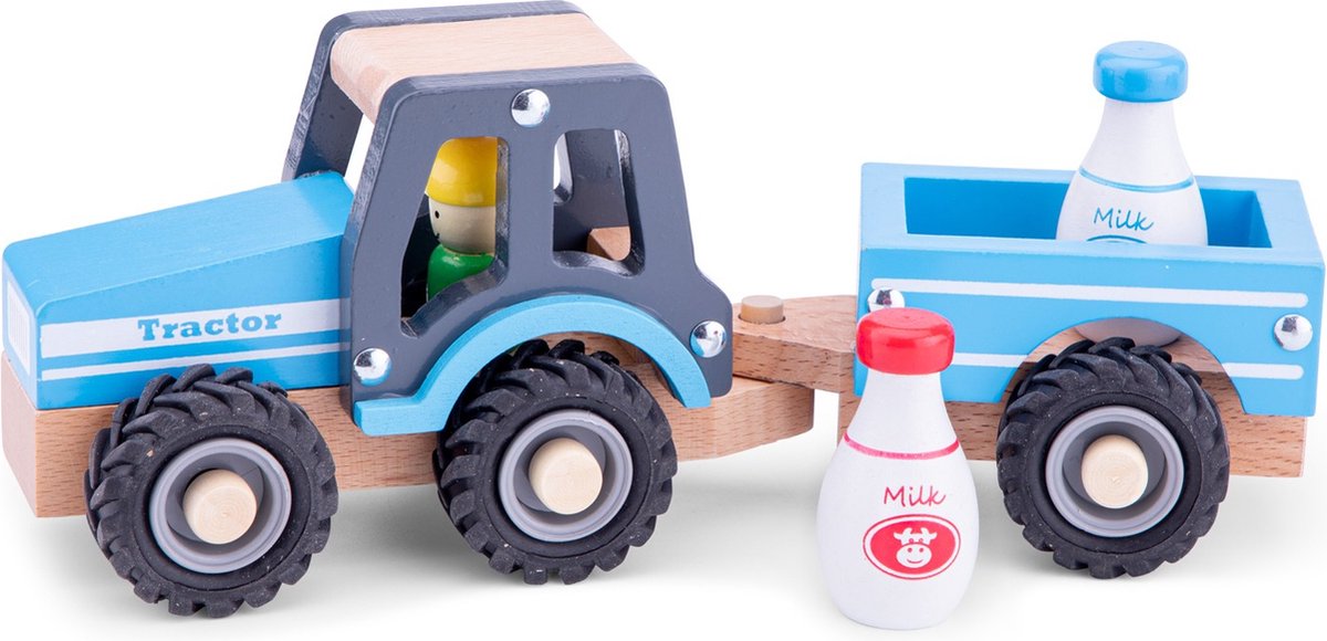Tracteur en bois Woet ® avec remorque - comprenant 2 bidons de lait - bleu - véhicule jouet éducatif - jouets de jeu de rôle - à partir de 18 mois