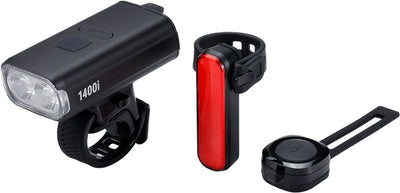 BBB Cycling Strike Duo 1400i Combo Ensemble de feux avant et arrière – avec télécommande – 1400 lumens – rechargeable par USB – IPX4 résistant à la pluie – Éclairage de vélo pour vélo de route, VTT – BLS-275i