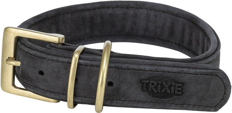 Collier Trixie cuir nubuck - noir l 47-54x4 cm - double doublure, anneau en D