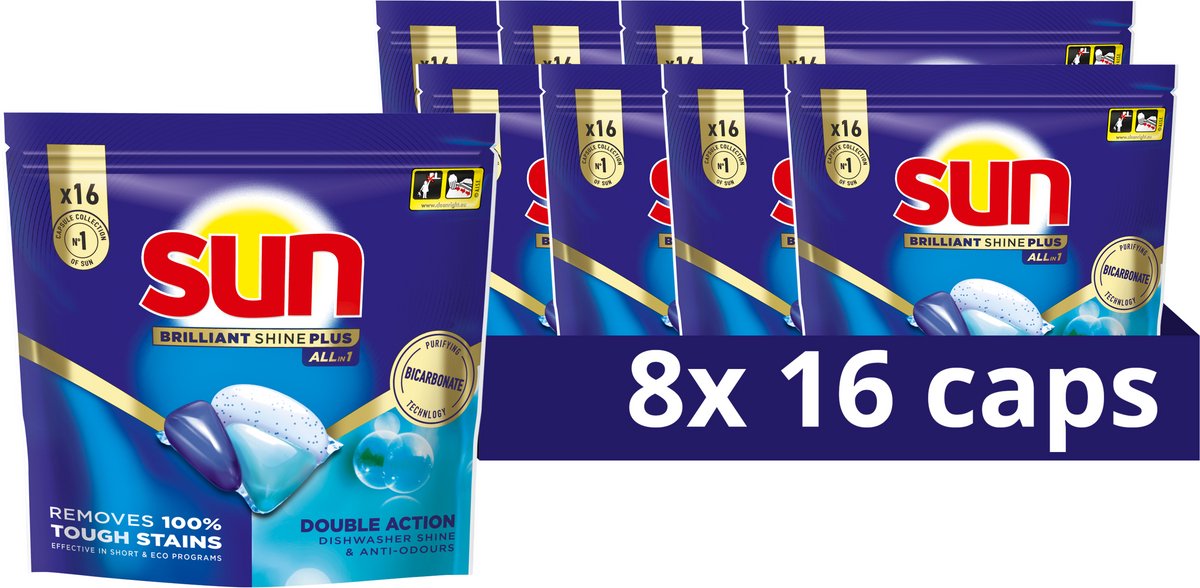 Sun - tablettes pour lave-vaisselle - brillant brillant plus - tout-en-1 - 128 capsules - pack économique