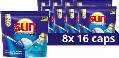 Sun - tablettes pour lave-vaisselle - brillant brillant plus - tout-en-1 - 128 capsules - pack économique