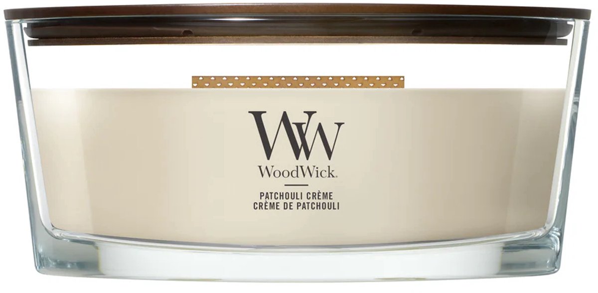 Bougie parfumée Woodwick Hearthwick Flame Ellipse - Crème Patchouli - 50 heures de combustion