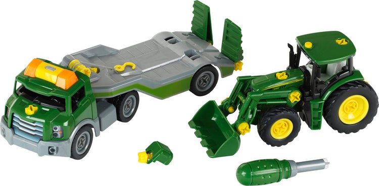 Klein Toys Wagon de transport John Deere avec tracteur - 1:24 - incl. effets lumineux et sonores - vert jaune