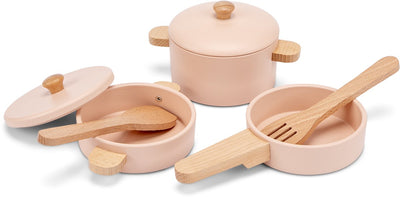 Woet ® ensemble de poêles en bois rose - ensemble de 7 pièces avec ustensiles de cuisine - ensemble de cuisine jouet - accessoires de cuisine jouets pour enfants - jouets de cuisine de jeu de rôle - à partir de 2 ans