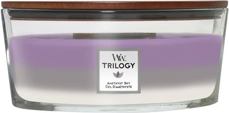 Bougie parfumée ellipse Woodwick Heartwick Flame Trilogy - Ciel améthyste - 50 heures de combustion
