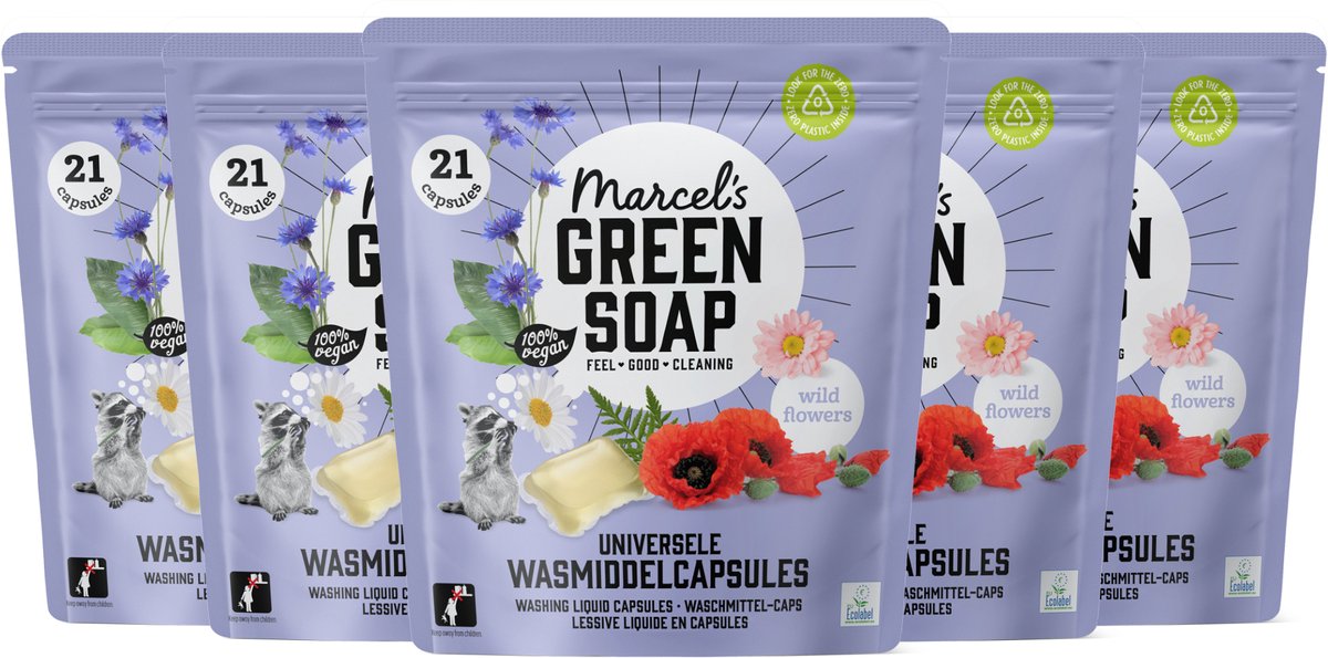 Capsules de lavage au savon vert Marcel's - dosettes de lessive - fleurs sauvages - 5 x 21 pièces - 105 lavages