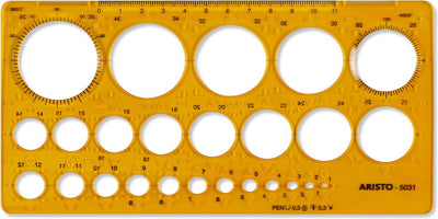 Gabarit cercle Aristo - dimensions 200x100mm - diamètre 1 à 36mm - 25 cercles - orange transparent - ar-5031