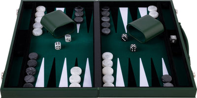 Backgammon Longfield 15 pouces - plateau incrusté vert, noir et blanc - étui vert luxueux avec poignée - coeur d'ange