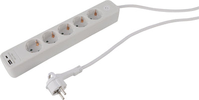 Multiprise Q-link - 5 prises - mise à la terre - avec fiche plate - USB A C - 3 x 1,5 mm² - 1,5 m - blanc