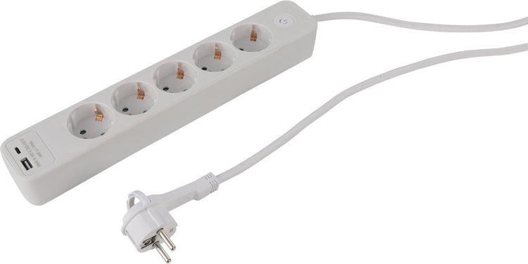 Multiprise Q-link - 5 prises - mise à la terre - avec fiche plate - USB A C - 3 x 1,5 mm² - 1,5 m - blanc