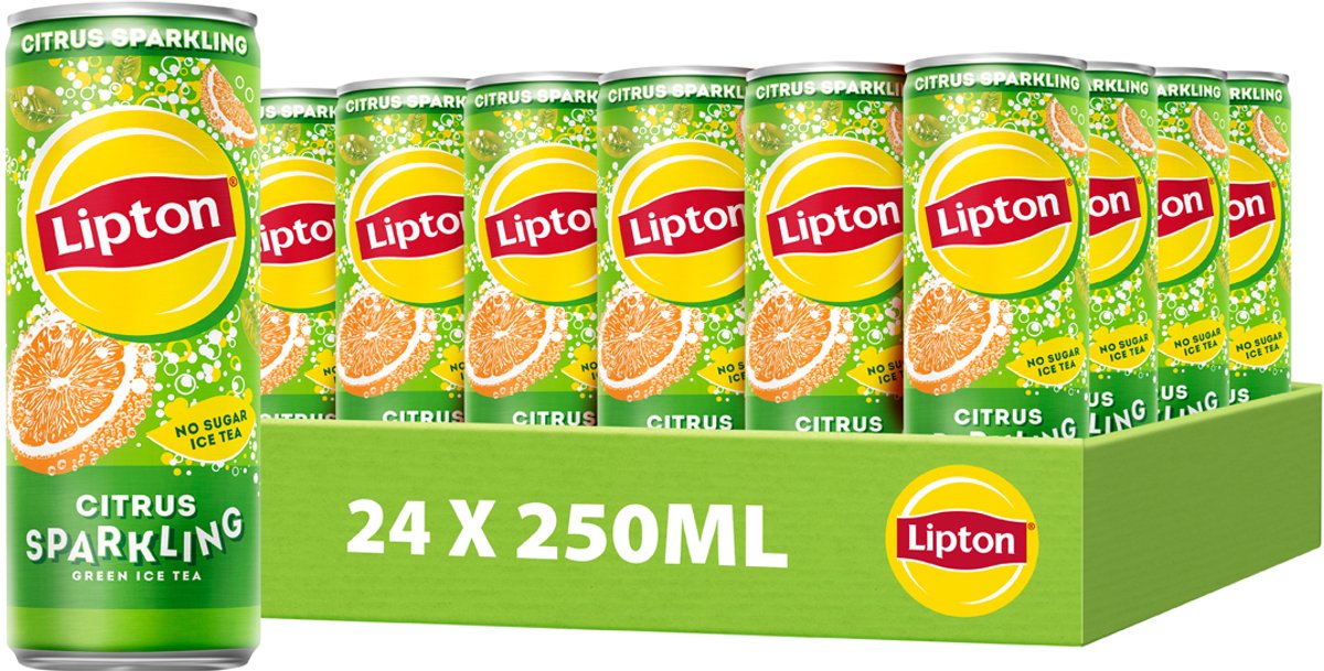 Boîte verte pétillante de thé glacé Lipton - agrumes - sans sucre - 24 x 250 ml - pack économique