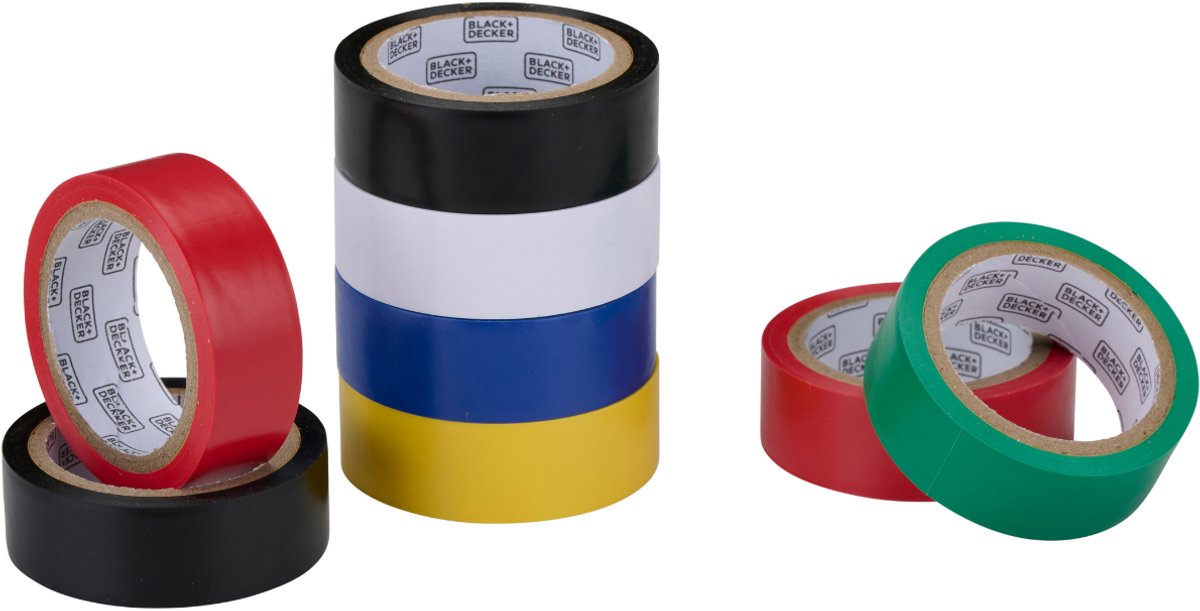 Black+decker set de rubans isolants 8 pièces - ruban isolant 18 mm x 5 m - ruban électrique de différentes couleurs - jeu de rubans pour câbles et câblage