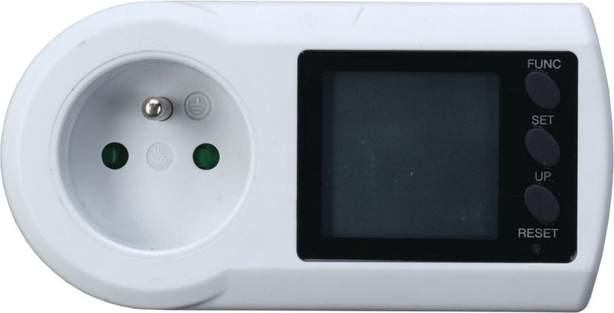 Prise compteur d'énergie profilée - compteur de consommation - afficheur LCD - blanc - broche masse