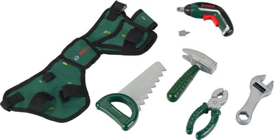 Klein Toys Bosch Mini Kit de ceinture à outils - Tournevis sans fil, marteau, pince, scie, clé, tournevis - incl. effets lumineux et sonores - vert rouge