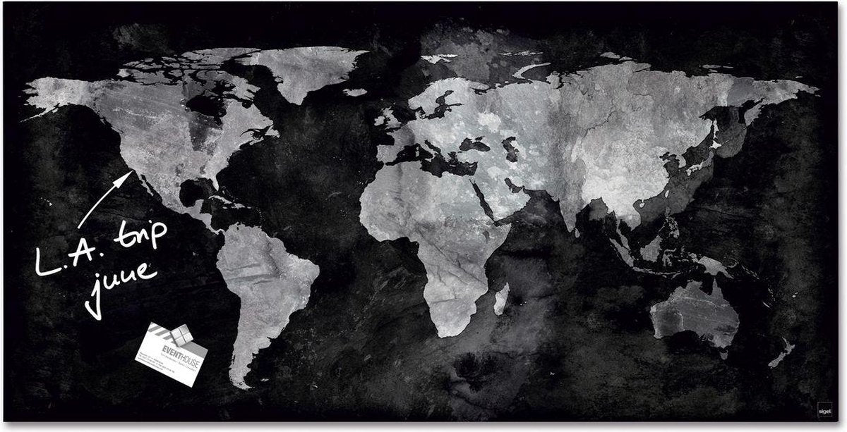 Tableau magnétique en verre Sigel - artverum - 91x46cm - carte du monde noire - si-gl270