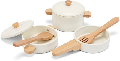 Woet ® ensemble de poêles en bois blanc - ensemble de 7 pièces avec ustensiles de cuisine - ensemble de cuisine jouet - accessoires de cuisine jouets pour enfants - jouets de cuisine de jeu de rôle - à partir de 2 ans