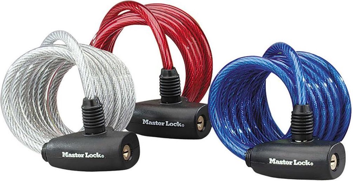 Câble antivol Masterlock avec cylindre à goupille 1,8 m x ø8 mm, lot de 3, application couleur