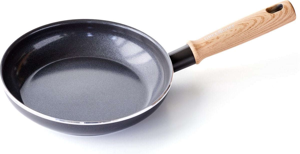 Poêle vintage Greenchef 20 cm - revêtement antiadhésif sans PFA - poêle wok induction - poêle en céramique - passe au four jusqu'à 160°c - manche en bois - poignée de refroidissement - noir