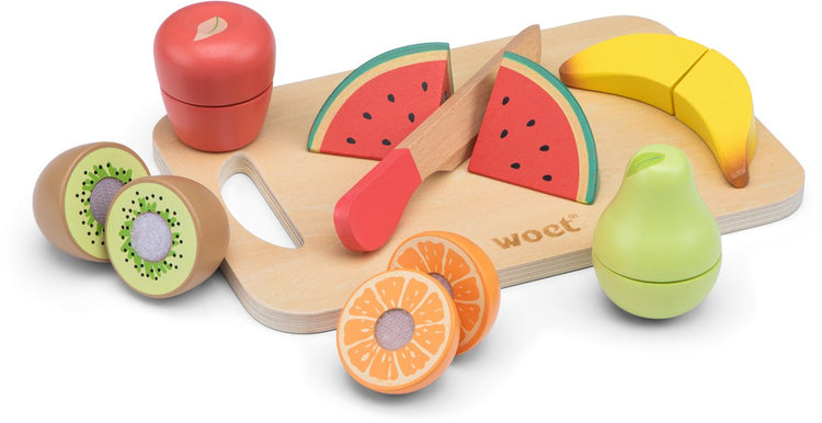 Woet ® set de coupe de fruits en bois - set de jeu avec planche à découper et fruits à découper - nourriture jouet éducatif - jouets de cuisine de jeu de rôle - à partir de 2 ans