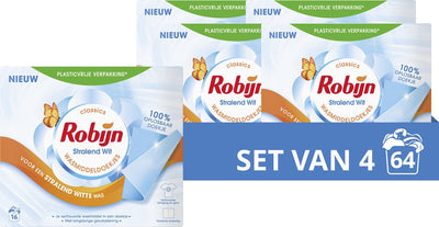 Robijn - lingettes détergentes blanches rayonnantes - 4 x 16 bandes de lavage - pack économique