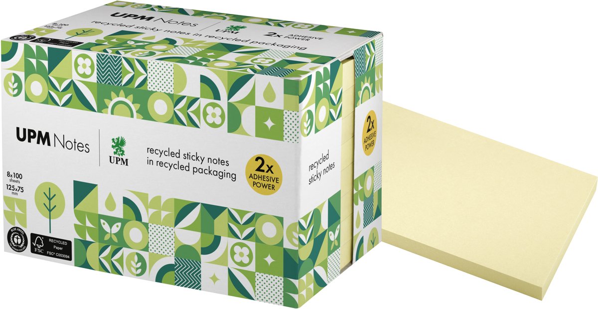 Notes d'information upm sticky notes - format 125x75mm - jaune pastel - 8 blocs mémo - in-5655-11ur-8