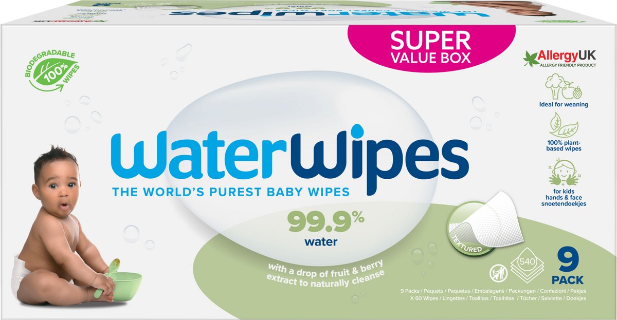 Lingettes serviettes Waterwipes - 9 x 60 lingettes serviettes - 540 lingettes
