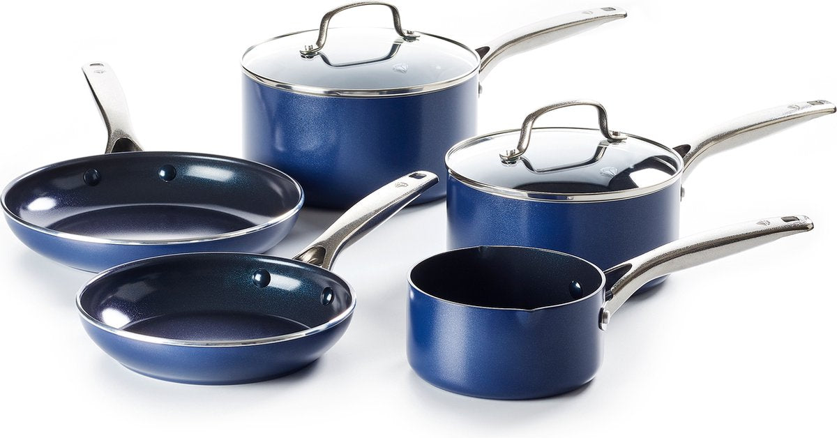 Set de poêles Blue Diamond 5 pièces avec couvercles - bleu - antiadhésif - sans PFA