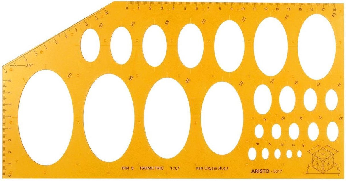 Gabarit d'ellipse Aristo - dimensions 295x150mm - 25 ellipses - isométrique - orange transparent - ar-5017