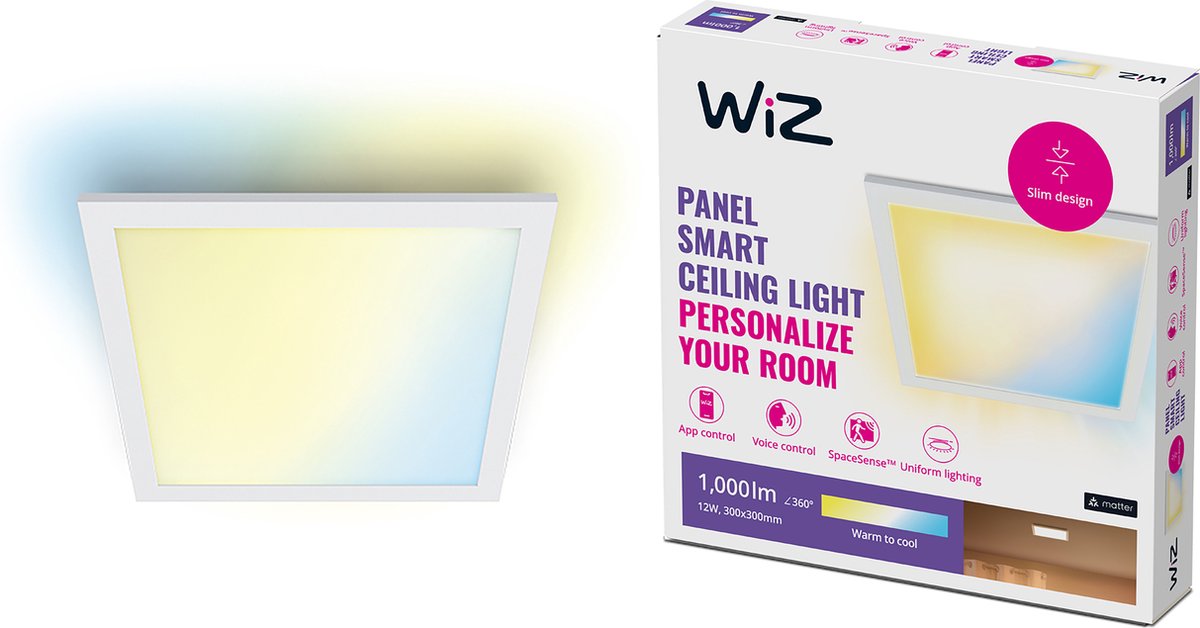 Plafonnier Wiz Panneau LED - 30 x 30 cm - lumière blanc chaud à froid - éclairage LED intelligent - 12w - carré - blanc