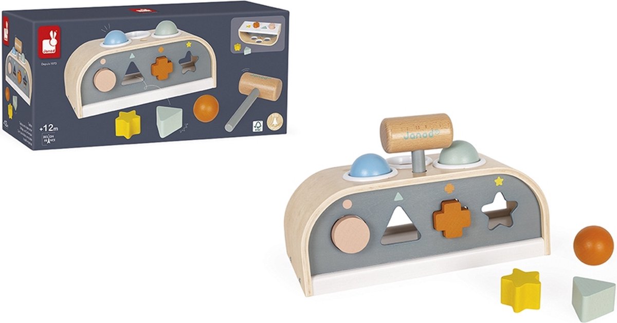 Janod sweet cocoon - banc marteau tap tap et trieur de formes - jouet d'agilité pour des heures de plaisir ! - convient à partir de 1 an