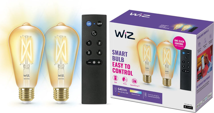 Lampe à filament Wiz Edison - pack de 2 + télécommande - lumière blanche chaude à froide - éclairage LED intelligent - raccord E27 - 50w - or - wi-fi