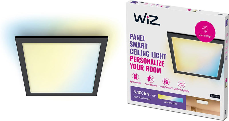 Plafonnier Wiz Panneau LED - 60 x 60 cm - lumière blanc chaud à froid - éclairage LED intelligent - 36w - carré - noir