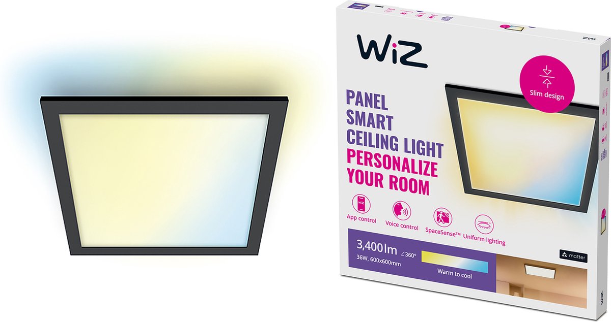 Plafonnier Wiz Panneau LED - 60 x 60 cm - lumière blanc chaud à froid - éclairage LED intelligent - 36w - carré - noir