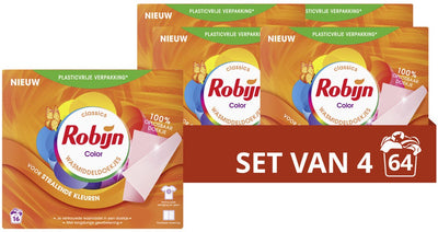 Robijn - lingettes détergentes - couleur - lingettes 100% solubles dans un emballage carton - 4 x 16 bandes de lavage