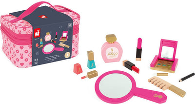 Janod - trousse de beauté p'tite miss - comprenant 9 accessoires en bois - maquillage jouet - trousse avec fermeture éclair pour emporter vos jouets partout - dès 3 ans