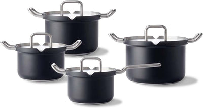 Bk q-linair master black set de poêles 4 pièces - 16 18 20 cm - sans revêtement antiadhésif sans PFA - casserole en inox - set de poêles à induction - passe au four jusqu'à 230°c - noir