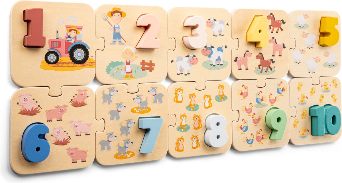 Woet ® ferme de puzzles en bois - apprendre à compter - chiffres 1 à 10 - puzzle avec chiffres et animaux - jouets éducatifs fsc - à partir de 2 ans