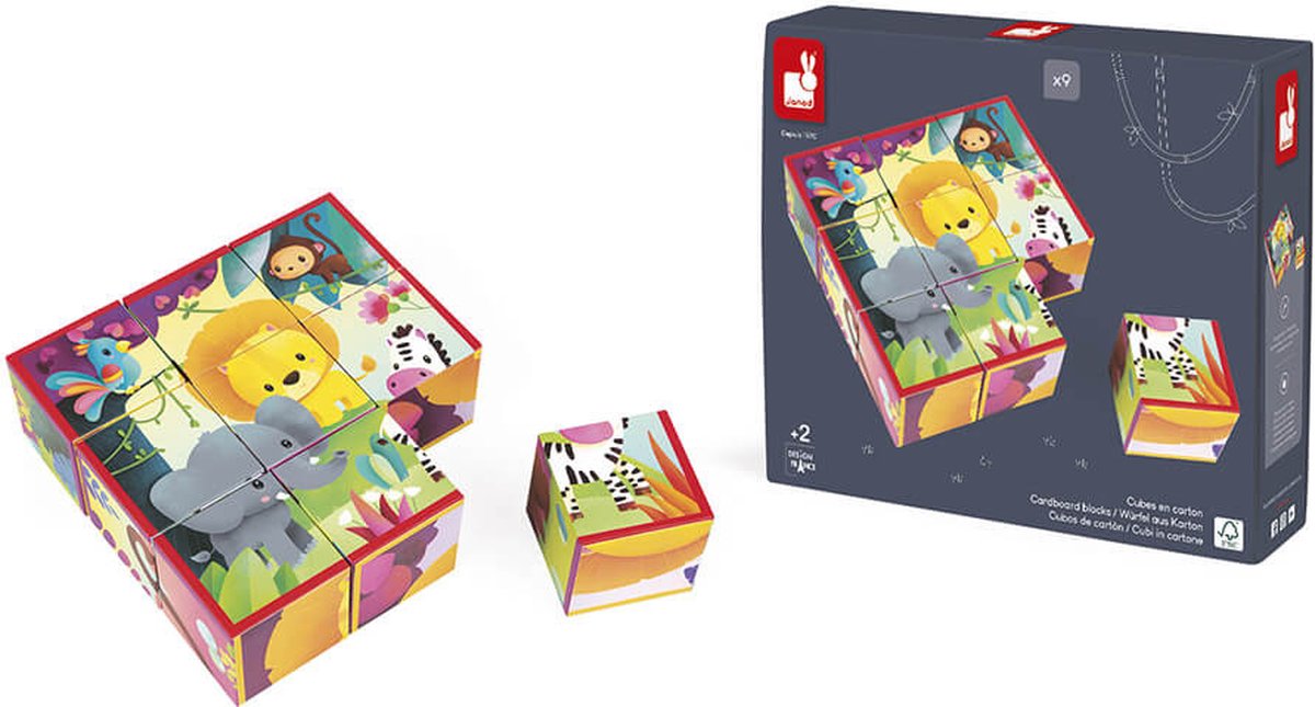 Janod - kubkid - animaux de la jungle - 9 blocs illustrés d'animaux de la jungle